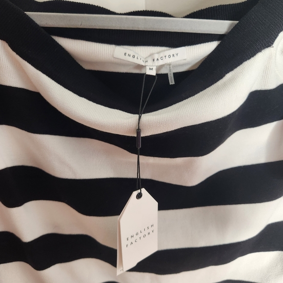 English Factory Top NWT women Medium black white stripe lace sleeve off shoulder - Picture 3 of 6